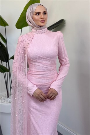 Moryna Yandan Pelerinli Taşlı Dantel Abiye Şeker Pembesi