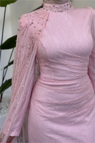 Moryna Yandan Pelerinli Taşlı Dantel Abiye Şeker Pembesi