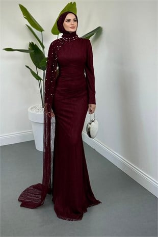 Moryna Yandan Pelerinli Taşlı Dantel Abiye Bordo