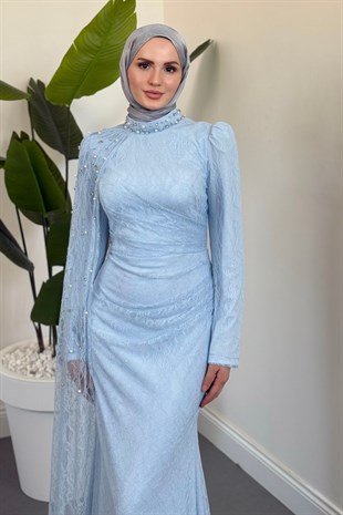 Moryna Yandan Pelerinli Taşlı Dantel Abiye Bebe Mavisi