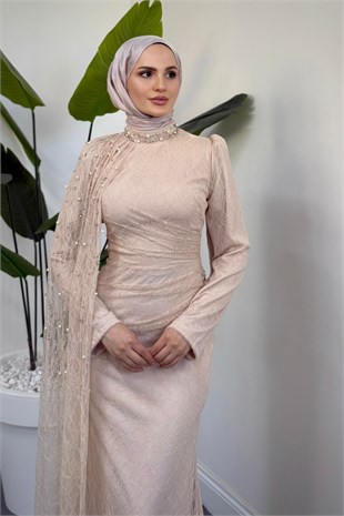 Moryna Yandan Pelerinli Taşlı Dantel Abiye Taş