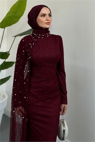 Moryna Yandan Pelerinli Taşlı Dantel Abiye Bordo