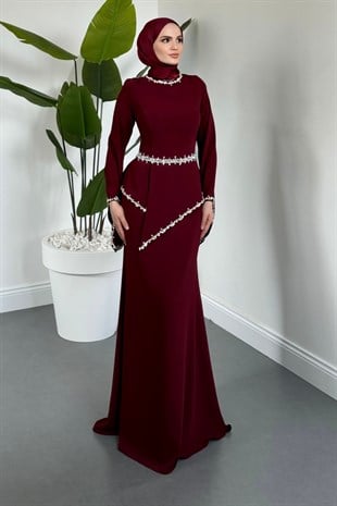 Mystera Taşlı Abiye Bordo