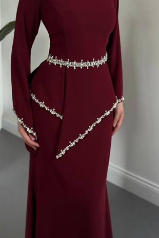 Mystera Taşlı Abiye Bordo
