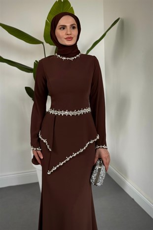 Mystera Taşlı Abiye Kahverengi