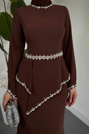 Mystera Taşlı Abiye Kahverengi