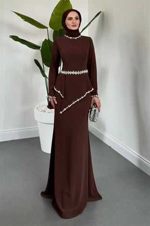 Mystera Taşlı Abiye Kahverengi