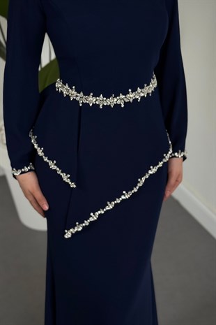 Mystera Taşlı Abiye Lacivert