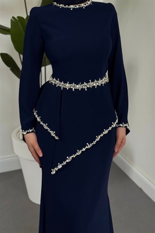 Mystera Taşlı Abiye Lacivert