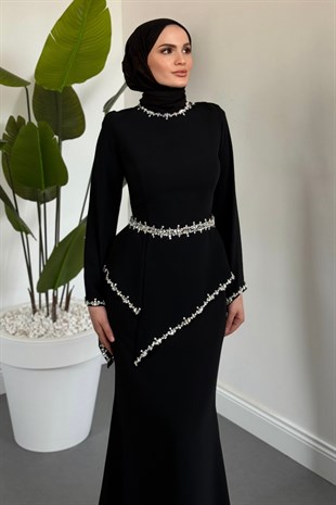Mystera Taşlı Abiye Siyah