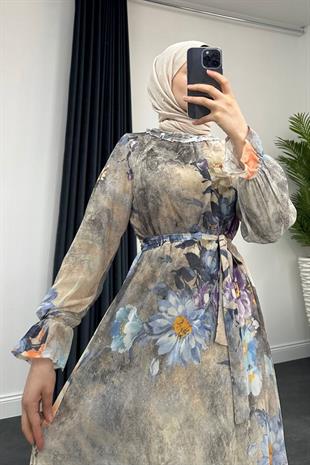 Nadya Astarlı Şifon Elbise Gri