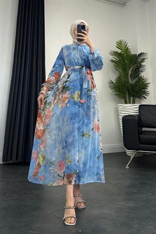 Nadya Astarlı Şifon Elbise Mavi