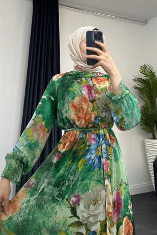 Nadya Astarlı Şifon Elbise Yeşil