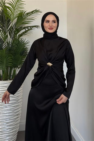 Naree Önden Tokalı Saten Abiye Siyah