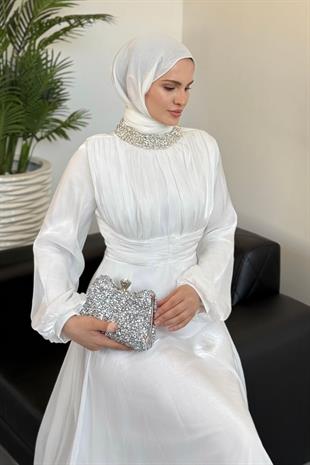 Talya Boynu Taşlı Abiye Beyaz