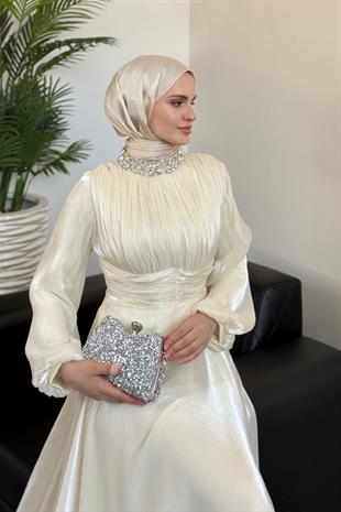 Talya Boynu Taşlı Abiye Ekru