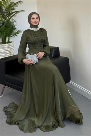 Talya Boynu Taşlı Abiye Haki