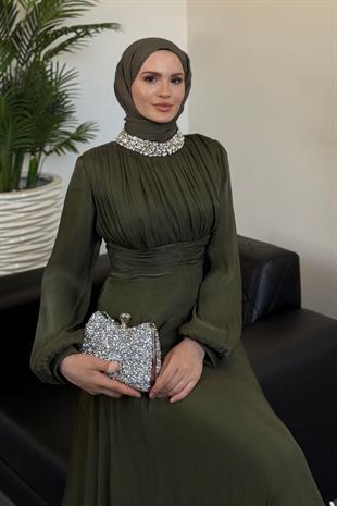 Talya Boynu Taşlı Abiye Haki