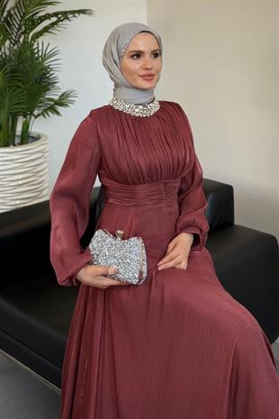 Talya Boynu Taşlı Abiye Kiremit