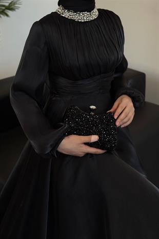 Talya Boynu Taşlı Abiye Siyah