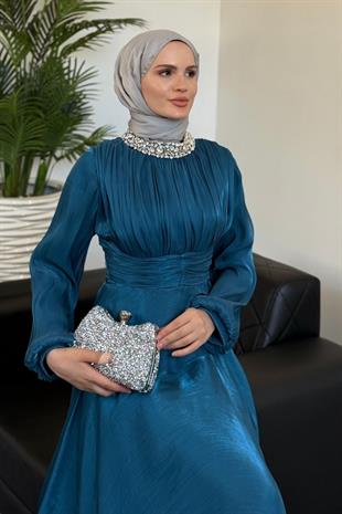 Talya Boynu Taşlı Abiye Turkuaz