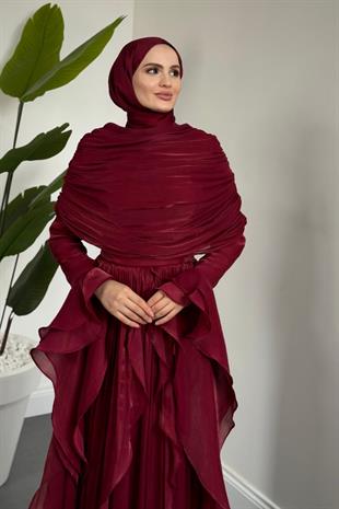 Naruna Pelerinli Fırfırlı Abiye Bordo