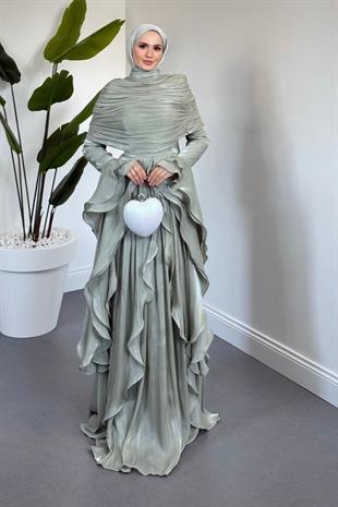 Naruna Pelerinli Fırfırlı Abiye Mint