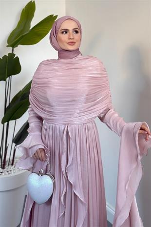 Naruna Pelerinli Fırfırlı Abiye Pudra