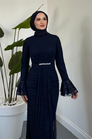 Nayzara Önü Büzgülü Pelerinli Abiye Lacivert