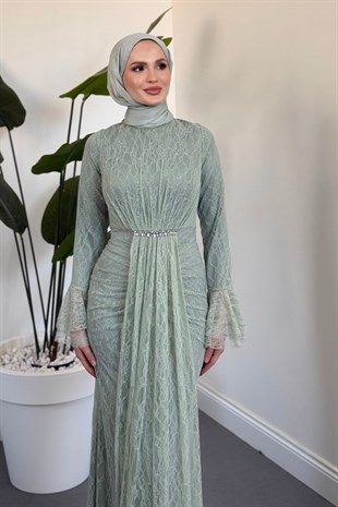 Nayzara Önü Büzgülü Pelerinli Abiye Mint