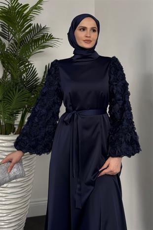 Neva Kolları Güllü Boynu Boncuklu Elbise Lacivert