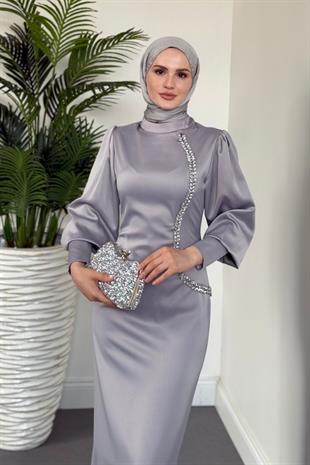 Nigina Yandan Taşlı Kalem Abiye Gri