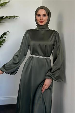 Nika Kemeri İncili Saten Abiye Asker Yeşili