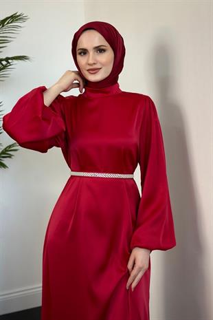 Nika Kemeri İncili Saten Abiye Kırmızı