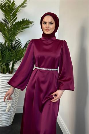 Nika Kemeri İncili Saten Abiye Mürdüm