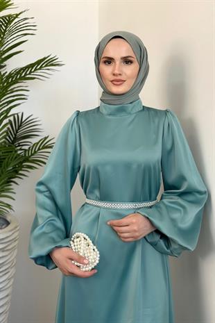 Nika Kemeri İncili Saten Abiye Su Yeşili
