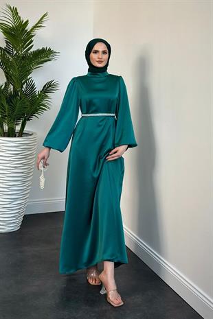 Nika Kemeri İncili Saten Abiye Yeşil