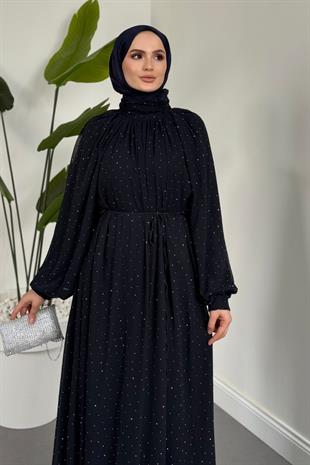 Niloufar Hakim Yaka Taşlı Şifon Abiye Lacivert