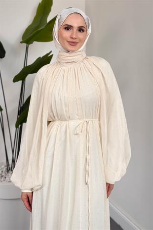 Niloufar Hakim Yaka Taşlı Şifon Abiye Ekru
