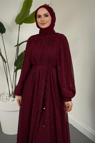 Niloufar Hakim Yaka Taşlı Şifon Abiye Bordo