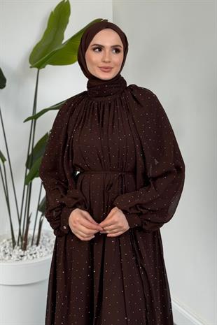 Niloufar Hakim Yaka Taşlı Şifon Abiye Kahverengi