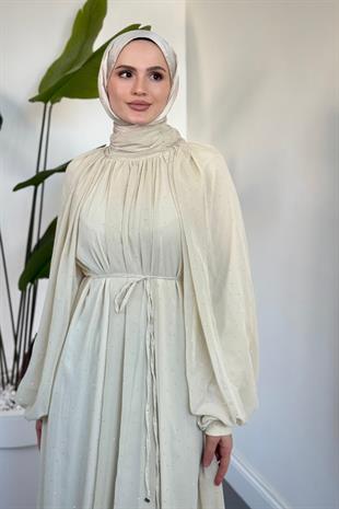Niloufar Hakim Yaka Taşlı Şifon Abiye Krem
