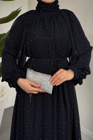 Niloufar Hakim Yaka Taşlı Şifon Abiye Lacivert