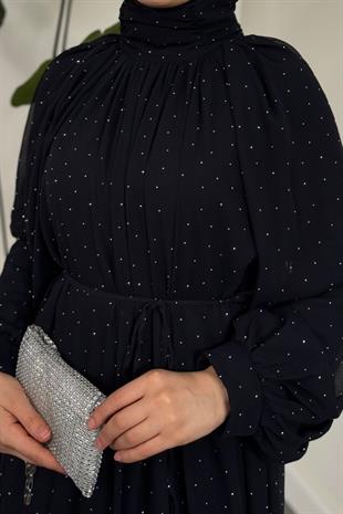 Niloufar Hakim Yaka Taşlı Şifon Abiye Lacivert