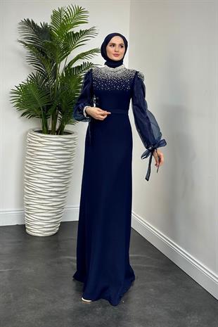 Nina İnci İşlemeli Krep Abiye Lacivert(kemersizdir)