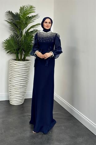 Nina İnci İşlemeli Krep Abiye Lacivert(kemersizdir)