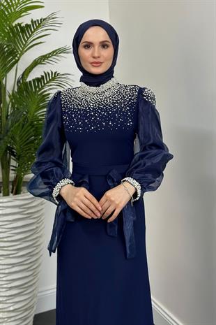 Nina İnci İşlemeli Krep Abiye Lacivert(kemersizdir)