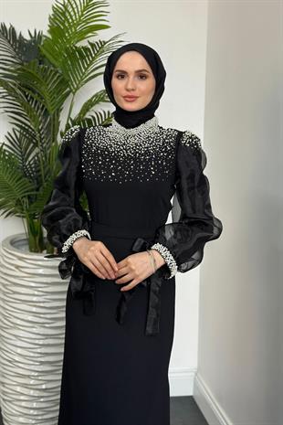 Nina İnci İşlemeli Krep Abiye Siyah(kemersizdir)