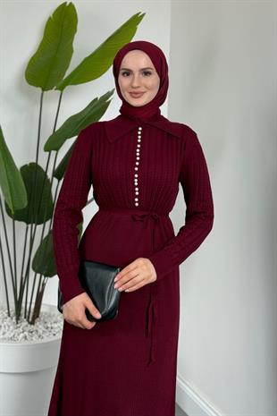 Niosette İnci Düğme Örgülü Triko Elbise Bordo