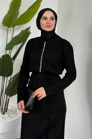 Niosette İnci Düğme Örgülü Triko Elbise Siyah